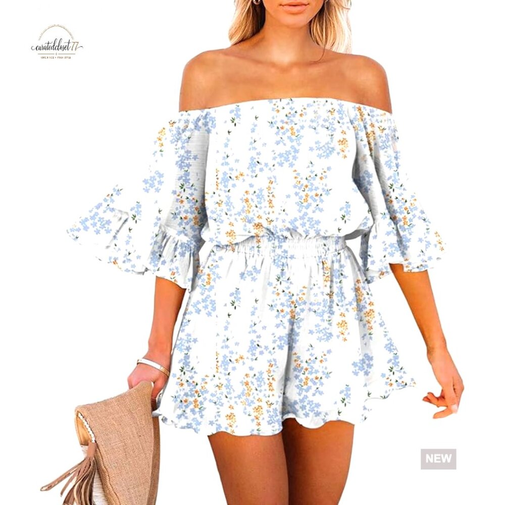 Medium Polyester Off-Shoulder Romper With Floral … - image 1